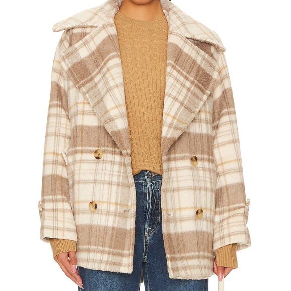 Free People Highlands Wool Plaid Double Breasted Peacoat Brown Size XL Oversized - Picture 1 of 10